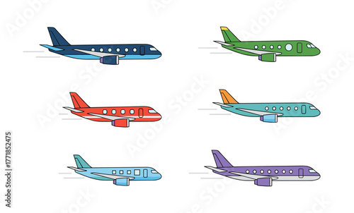Passenger planes flying in air vector illustration set