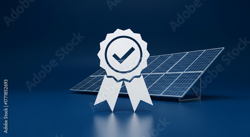 Quality certification badge prominently displayed alongside efficient solar panels, representing sustainable energy solutions, environmental responsibility, and reliable green technology
