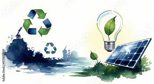 Conceptual illustration of environmental sustainability, showcasing the integration of recycling processes with renewable energy like solar power for a greener future