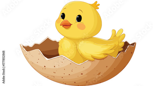 Cute Yellow Cartoon Chicken Sitting in Shell Vector Illustration