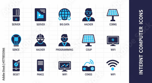 Modern flat design icon set for internet, computer, and network technology, representing core digital concepts, cybersecurity, data management, and web development, ideal for contemporary UI/UX
