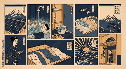 Captivating Ukiyo-e inspired collage illustrating traditional Japanese daily life rituals, scenic landscapes, and modern comforts, blending ancient aesthetics with contemporary existence