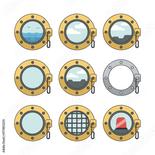 Portholes set showing sea, sky and submarine views