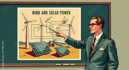 A detailed illustration shows an instructor teaching about wind and solar power, explaining the renewable energy system with a diagram on a blackboard, emphasizing clean technology for sustainability