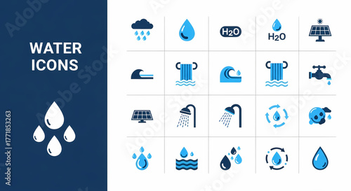 A comprehensive collection of modern vector icons focused on various water concepts, including rain, droplets, waves, consumption, conservation, pollution, and renewable energy applications