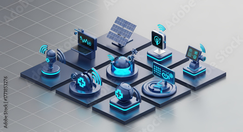 Comprehensive 3D illustration showcasing interconnected smart home and industrial internet of things devices, integrating renewable energy solutions for a futuristic and efficient lifestyle ecosystem