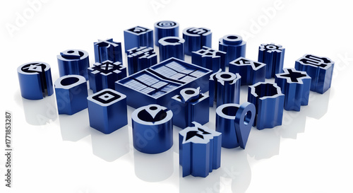 An intriguing array of precisely crafted blue metallic geometric forms, showcasing innovative design and technological potential in a three-dimensional rendering that evokes modern