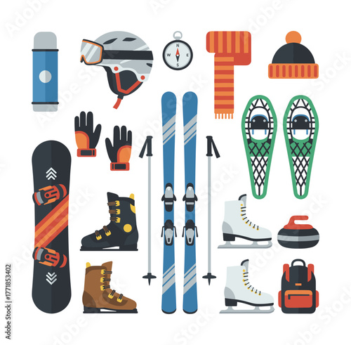 Winter sport equipment flat design collection illustration