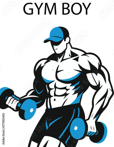 Stylized illustration of muscular gym boy lifting dumbbells with cap and shorts isolated on white background