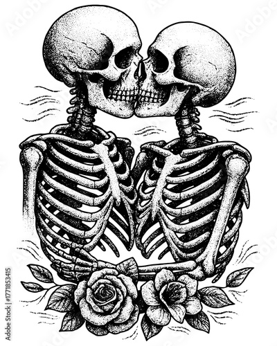 Skeleton Lovers Engraving, Vintage Stipple Illustration of Kissing Skulls with Roses, Romantic Gothic Etching Isolated on Transparent Background