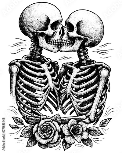 Skeleton Lovers Engraving, Vintage Stipple Illustration of Kissing Skulls with Roses, Romantic Gothic Etching Isolated on Transparent Background