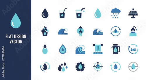 Diverse array of blue and white flat vector water icons for environmental awareness, industrial processes, hydration, and resource management, symbolizing purity, flow, and sustainability