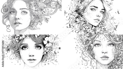 Elegant female portrait sketch decorated with blooming flowers. Artistic black and white hand-drawn illustration expressing beauty, nature, and delicate emotional expression.