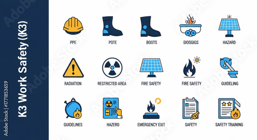 Essential work safety vector icon set highlighting personal protective equipment, hazard warnings, fire safety protocols, and industrial regulations for secure workplace compliance and protection