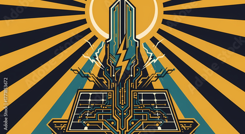 Dynamic graphic art showing a futuristic energy tower, combining circuits, solar panels, and lightning. It radiates power and light, symbolizing innovation and technology