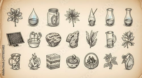 Vintage hand-drawn concept illustrations of diverse natural elements, botanical ingredients, plant-based components, liquids, and earthly items for rustic, organic design aesthetics