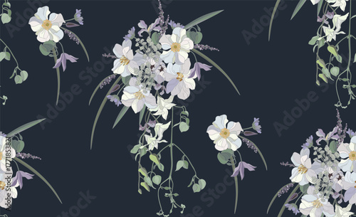 Flowers and leaves in vintage style, seamless pattern.	
