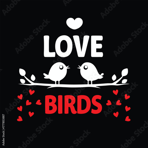 Love Birds T-Shirt Design with Hearts and Branch