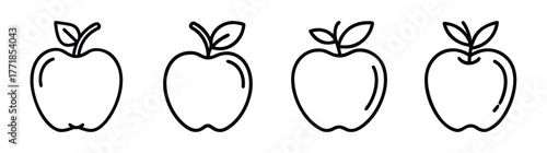 Set of four hand-drawn line art apples with leaves perfect for design elements