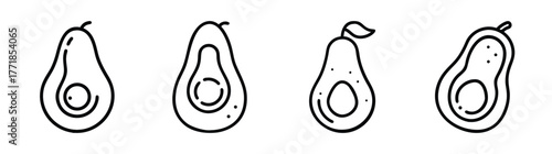 Four hand drawn avocado halves with pit and stem iconography line art