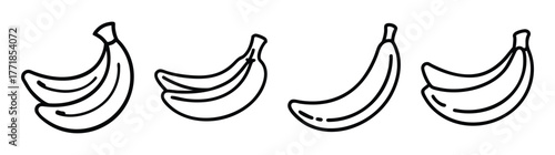 Simple outline drawing of four bunches of bananas showing fruit variety