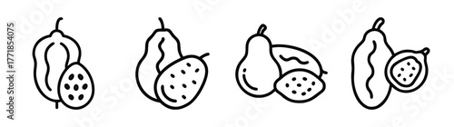 Four simple line art depictions of baobab fruit one halved showing seeds