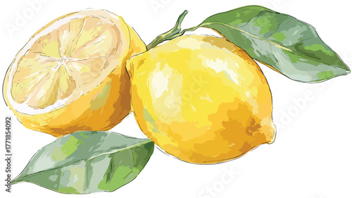 Vibrant Bright Lemon with Yellow Skin and Green Leaf Vector Illustration