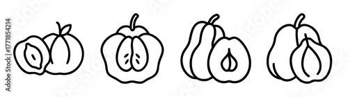 Four hand drawn outline images of the ackee fruit in various stages of preparation