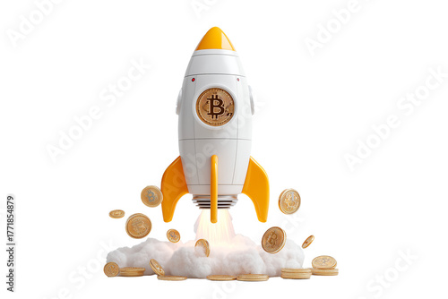 Rocket launching with bitcoin symbol, surrounded by gold coins and smoke in a digital finance theme
