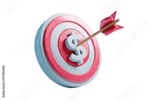 Arrow strikes center of target with dollar symbol, representing success in financial goals and achievements
