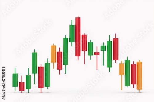Financial market candlestick chart showing price movements with varied colors in green, red, and orange
