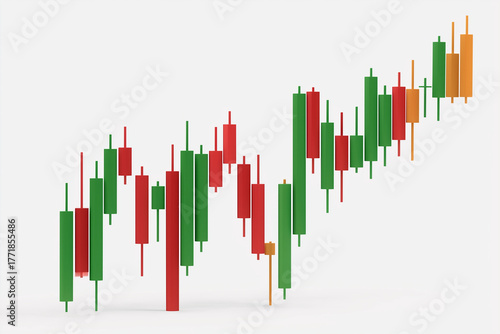 Market trend chart showcasing upward movement with varied candle colors indicating price fluctuations over time
