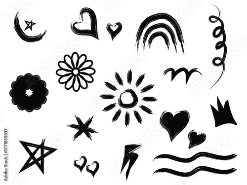 hand drawn doodle shapes and symbols in black ink on white background, abstract artistic sketch elements collection with hearts stars and flowers, creative brush stroke design set of doodles for decor