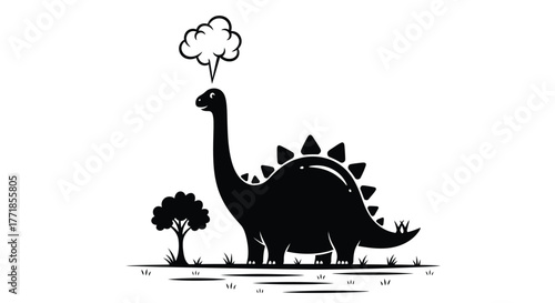A silhouette of a dinosaur stands in a grassy field with a thought bubble above its head.