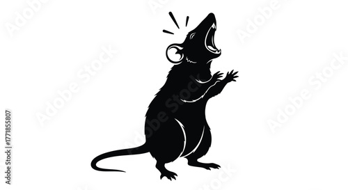 A silhouette of a rat standing on its hind legs with its mouth open as if screaming.