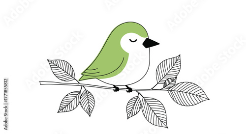 A small, green bird rests peacefully on a branch with leaves.