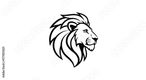A stylized black and white illustration of a lion's head in profile.