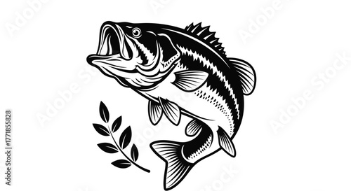 A largemouth bass leaps from the water next to a sprig of leaves.