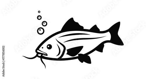 A stylized black and white illustration of a fish with barbels and bubbles.