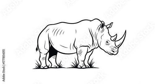 A line drawing of a rhinoceros standing in grass.