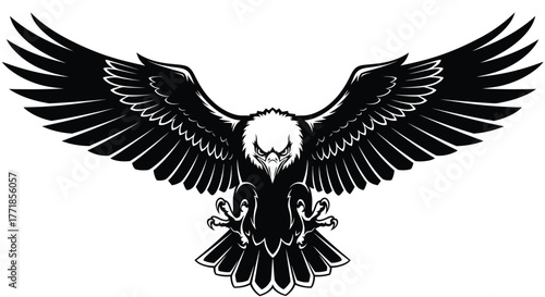 A black silhouette of an eagle with outstretched wings and sharp talons is depicted against a white background.