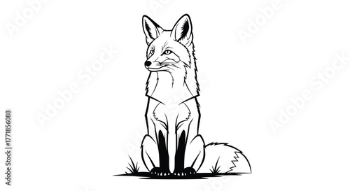 A stylized drawing of a fox sitting attentively on a white background.