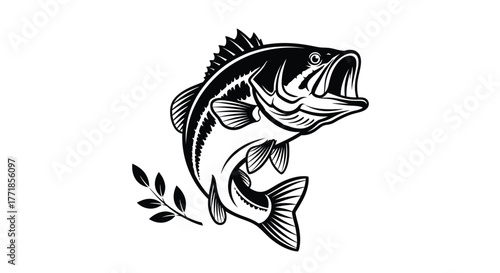 An illustration of a largemouth bass leaping from the water next to a sprig of leaves.