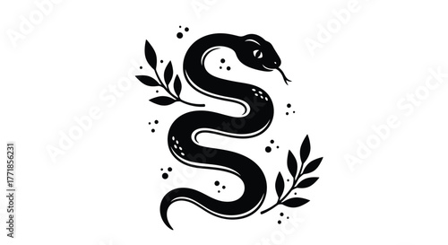 A stylized black snake coils with decorative leaves and dots against a white background.