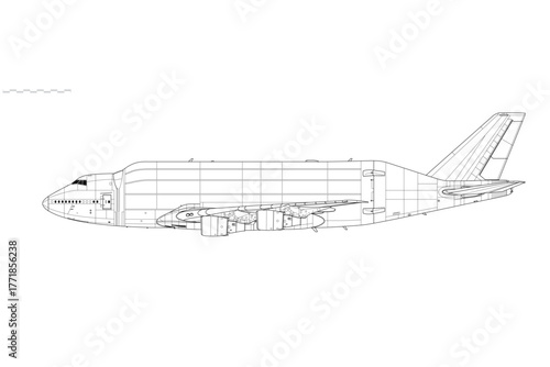 Boeing 747-400LCF Dreamlifter. Vector drawing of outsize freight aircraft. Side view. Image for illustration and infographics.
