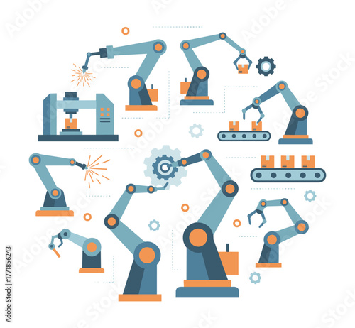 Industrial robot arms performing automated manufacturing tasks