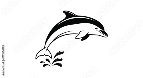 A black and white illustration of a dolphin leaping out of the water.