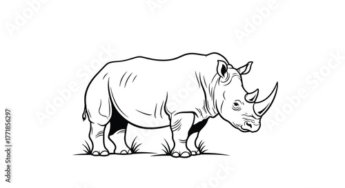 A stylized black and white drawing of a rhinoceros standing on grass.