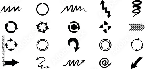 Collection of various black arrow icons and symbols isolated on a transparent background, including circular arrows, zigzag arrows, and directional pointers