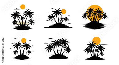 Collection of tropical island silhouettes featuring palm trees and sunsets